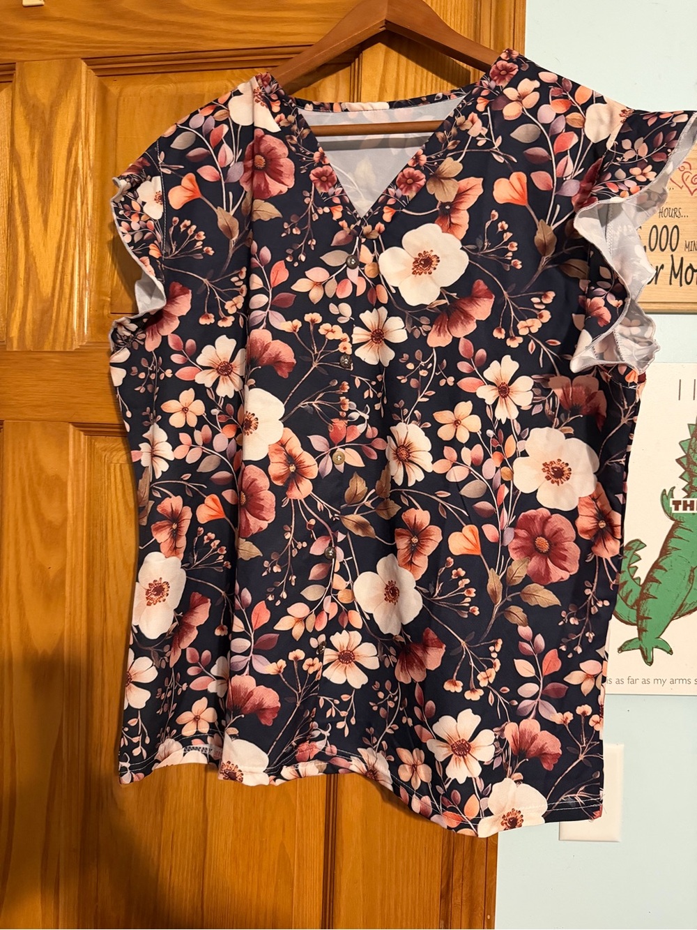 Women’s Floral Flutter Sleeve V-Neck Top - Navy with Pink Floral